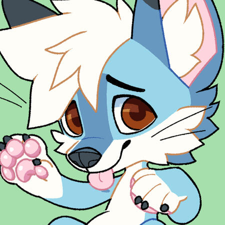 A cute blue anthropomorphic fox with his tongue out and looking at the viewer.